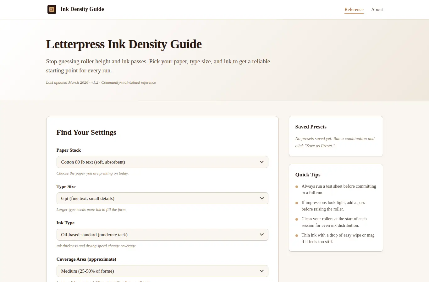 Screenshot of Letterpress Ink Density Guide interface showing the project page in use